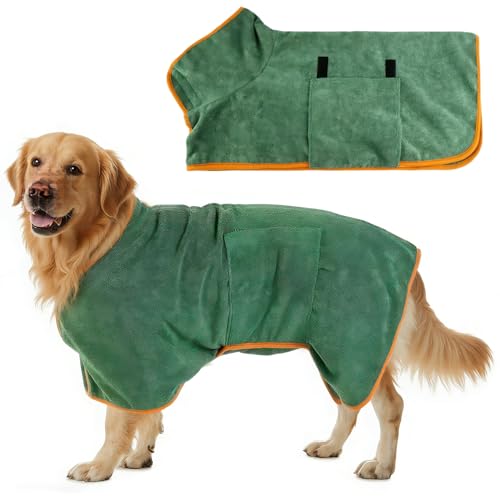 HIVTE Dog Drying Robe & Dry Towel - Microfiber Fast Drying & Absorbent Pet Bathrobe with Adjustable Collar and Waist (Dark Green-XS)