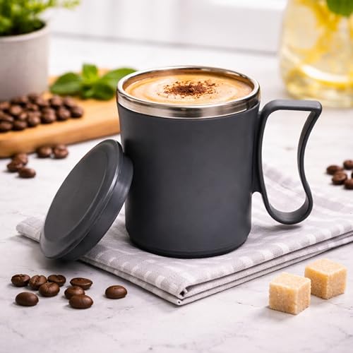 Image of Insulated Stainless Steel Coffee Mug with Lid, 300ml, Double Wall, Reusable Travel Mug for Home & Office (Brown - Gray)