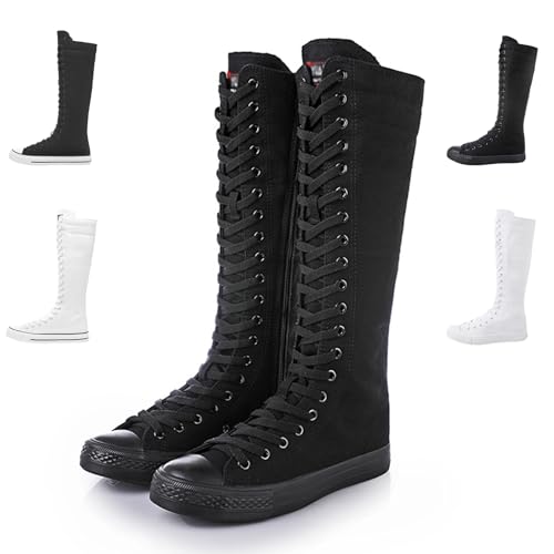 Women's Tall Canvas Boots Fashion Knee High Lace Up Punk Tall Boots Side Zip Dancing Sneakers for Bicycling Casual Wear