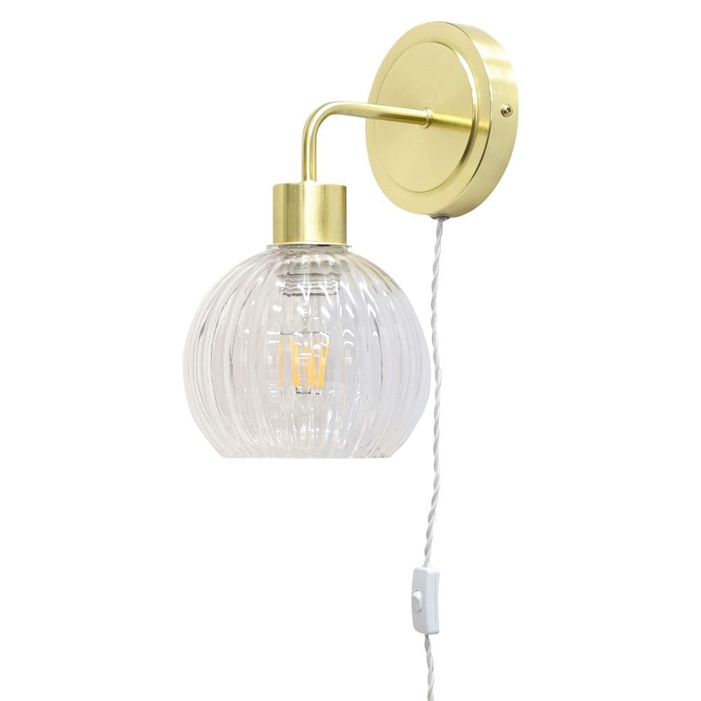 Firstchoicelighting Satin Brass & Clear Satin Brass Plug In Wall Light Or Bedside Reading Lamp With Clear Ribbed Glass Shade