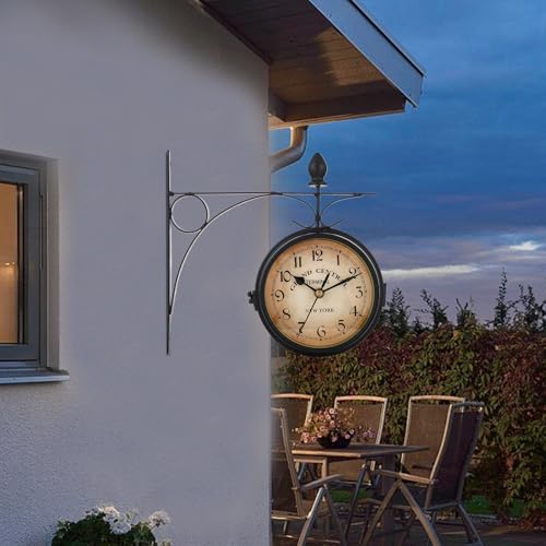 Syfunlv Vintage Bahnhofsuhr,Zweiseitige Wanduhr,21,8 * 21,8 cm,Wetterfest, Runde Wanduhr für Garten,Outdoor Uhr Dekorative,für Garten,Terrasse, Küche, Innenhof.