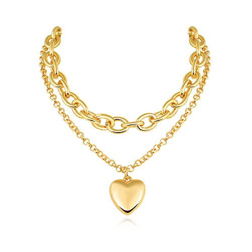 Chunky Gold Necklace Heart Pendant 14k Gold Plated Thick Chain Multilayer Necklace for Women