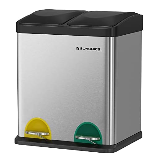 SONGMICS Poubelle de Recyclage 30L, Poubelle de tri, avec pétales, en Acier, 2 Compartiments, 2 x 15L seaux intérieurs Amovibles, pétales colorées, pour Cuisine, Salon, Argent et Noir LTB30L