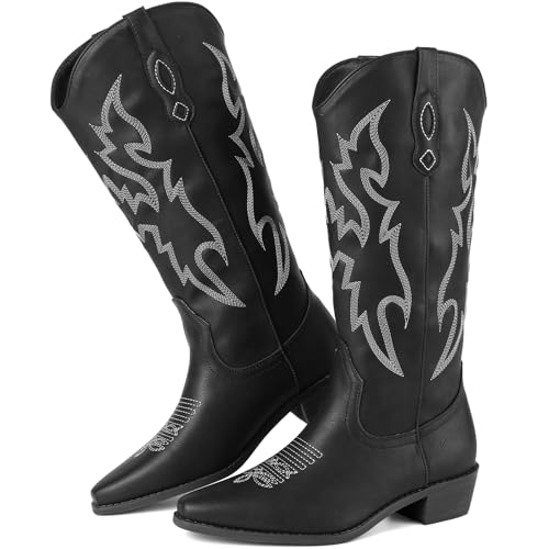 Cowgirl Boots Womens Cowboy Knee High Boots For Womens Wide Calf Boots Black White Womens Cowgirl Boots Brown White Botte Cowboy Femme Retro Fashion Tall Boots for Ladies Botte Automne Femme