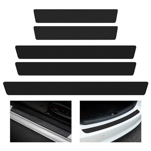 NYGGTYK 4 tiras protectoras para umbral de puerta del coche, con 1 tira para parachoques de maletero, protección antiarañazos, lámina para maletero de coche en negro mate de cuero de fibra de carbono
