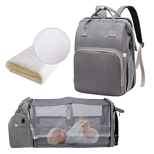 ZIROXI Con Cuna Mochila Carro Bebe, Cambiadora Con Cuna Mochila Maternal Con Colchón Mochila Carrito Bebe Mochila Bebé Unisex Gran Capacidad,Grey