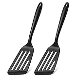 TeamFar Silicone Fish Spatula Set of 2, Heat Resistant Slotted Fish Turner for Non Stick Cookware, Flexible Cooking Spatula Flipper for Fish, Egg, Pancake, Steak, Burger, Dishwasher Safe, Black