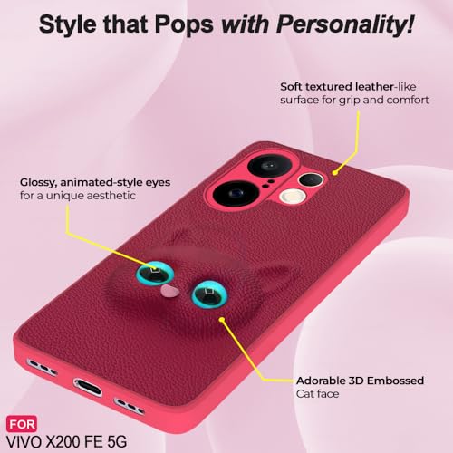 Image of AESTMO Back Case Cover for Vivo X200 FE 5G Back Cover | 3D Cat Cover | Leather Finish | Full Body Protection | Camera Protection Back Cover for Vivo X200 FE 5G (Pink)