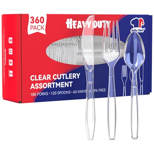 JOLLY CHEF 360 Count Heavy Duty Clear Plastic Silverware-180 Forks, 120 Spoons, 60 Knives, Heat Resistant Disposable Utensils Set, Clear Plastic Cutlery Set for Parties, Events, Everyday Use