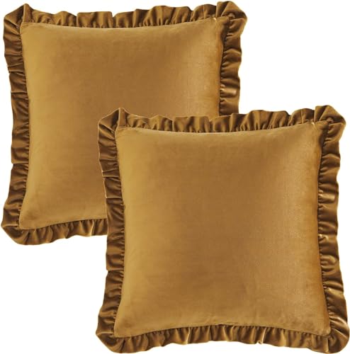 Image of Amazon Brand - Umi Velvet Brown 14x14 Pillow Covers, Set of 2 Decorative Ruffle Cushoin Pillow Covers for Sofa Couch