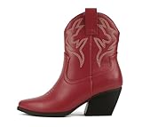 Soda “BLAZING” ~ Women Western Stitched Pointe Toe Low Heel High Top Ankle Shaft Boot Bootie (FIRE RED PU, us_footwear_size_system, adult, women, numeric, medium, numeric_10)