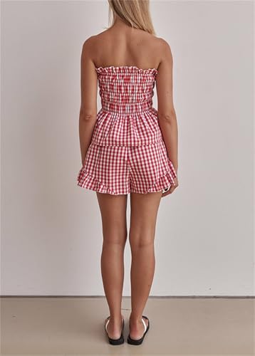 Image of Yuemengxuan Women Shirred Top Shorts Summer Outfits Set 2 Piece Striped Pajamas Set Sleeveless Ruched Bandeau Tube Top Shorts (Red #F, XL)