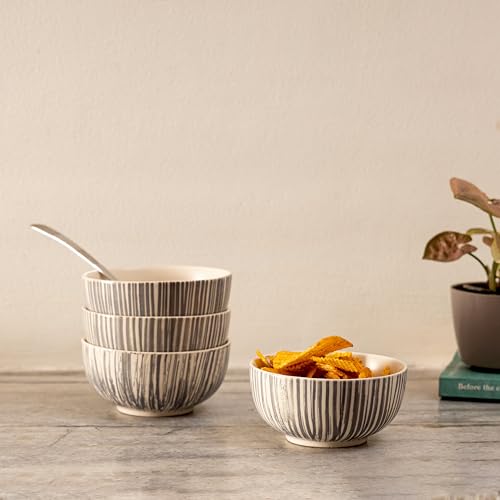 Image of Beyond Homes Ceramic Bowl Set of 4, 240ml | Microwave & Dishwasher Safe Ceramic Serving Bowls for Snack & Vegetables | Dal Curry Katori for Kitchen | Matte-Finish (4, Grey Free-Flow)