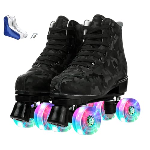XUDREZ Patines de ruedas para mujeres y hombres, patines de doble fila, unisex, para niños y niñas, principiantes, interiores y exteriores, con bolsa de zapatos (rueda flash de camuflaje negro, 38)