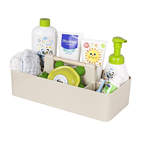 Image of Baby Shower Caddy Plastic Nursery Portable Storage Organizer Caddy Tote for Child/Kids, Divided Basket Bin with Wood Handle for Bathroom, Dorm Room, Holds Hand Soap, Bottles, Spoons (Light Khaki)