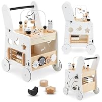 Mamabrum Wooden 6-in-1 Baby Walker with Activity Table – Push Along Walker with Shape Sorter, Bead Mazes, Abacus, Gears and Stacking Blocks, Educational Play Centre for Toddlers 12+ Months