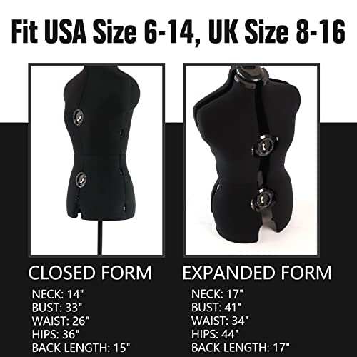 Pdm Worldwide Black Dress Form Adjustable Mannequin For Sewing, Female Size 6-14 Pinnable Body Form With 13 Dials & Detachable Casters, 42.5"-60" Height Range For Clothing Display, Small To Medium #TOP1