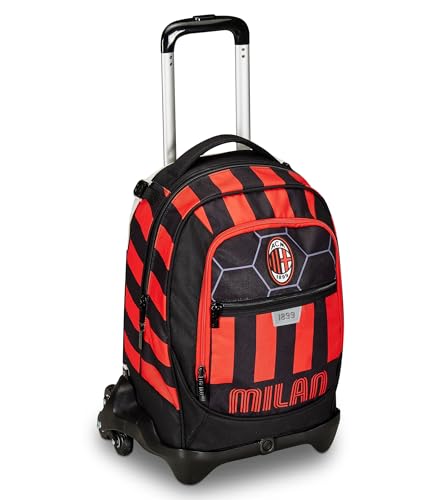 Seven Trolley Scuola Jack 3 Ruote, Rosso e Nero, A.C. Milan Calcio, Rosso Nero - 3 in 1, Triplo Uso, Zaino Con Carrello Sganciabile, Tasca Porta Borraccia e Crossover System, Zaino Scuola Bambino