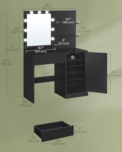 Image of VASAGLE Kailyn Collection - Vanity Desk with Power Outlets and LED Lights, 35.4-Inch Wide Makeup Table with Mirror, Drawer and Cabinet, for Bedroom, Ink Black URDT128C01S