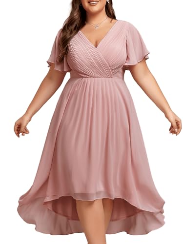 Image of Ever-Pretty Plus Women's Cocktail Party Dress Short Sleeves V Neck A Line Chiffon Maxi Plus Size Wedding Guest Dresses