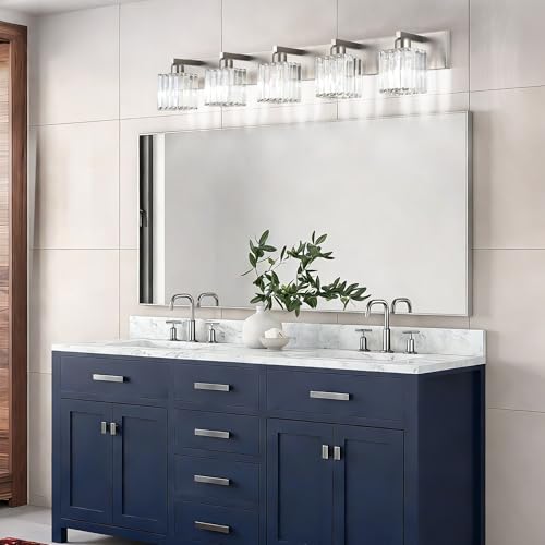 Image of Aipsun Brushed Nickel Bathroom Lighting Fixtures 5 Light Vanity Light Crystal Modern Bathroom Vanity Light (Exclude Bulb)