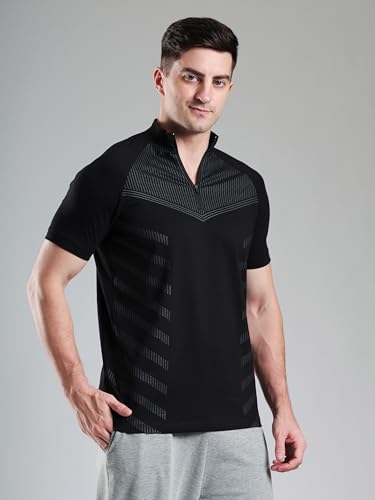 Image of GROW Stylish Aeroflex Zip T Shirt for Men Workout | Cotton and Spandex Quarter Zip Back Printed Collar T-Shirts for Men Half Sleeves