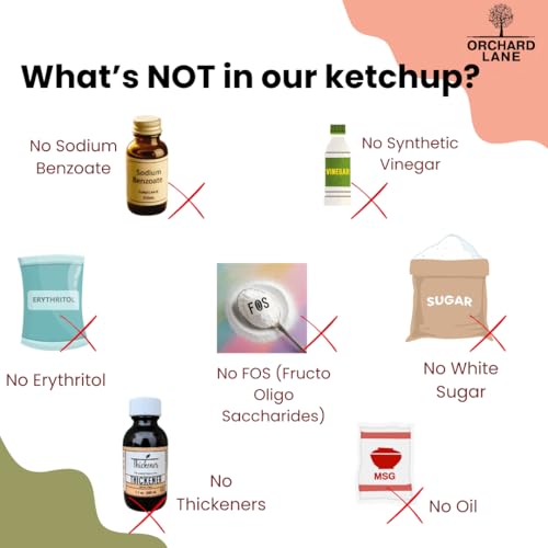 Image of Orchard Lane Organic Tomato Ketchup | Certified Organic, No Preservatives, No Refined Sugar | Less Sweet, Low Calorie, Non Fattening | Healthy Ketchup for Kids & Adults | Glass Bottle | 230g x 2 Pack