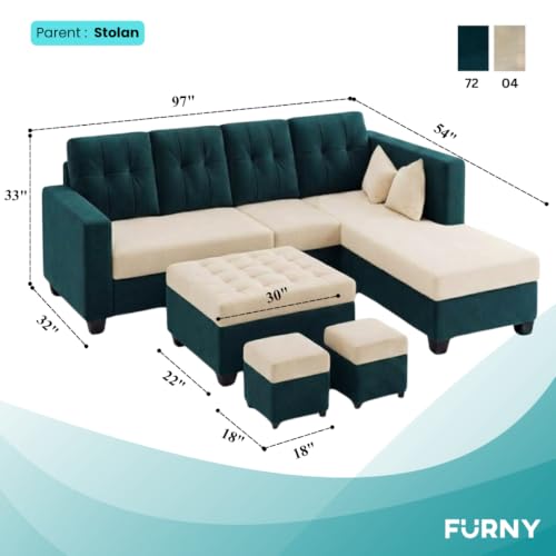 Image of FURNY Nathan 8 Seater L Shape Sofa Set RHS (Green Teal-Cream) | Suede Velvet Finish | Durable Comfort Sofa for Modern Living Room & Office Spaces