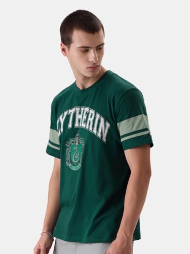 Image of The Souled Store Harry Potter: Slytherin Mens Regular Fit Graphic Printed Half Sleeve Cotton Green T-Shirts