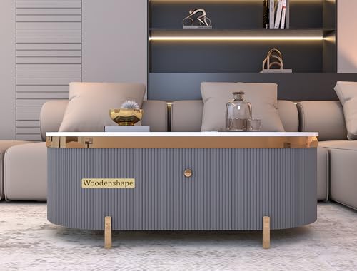 Image of Premium Marble-Top Center Table with One Storage Door and PVD Coated lron Legs and Coffee Table with Oval Design for Living Room and Entryway [ Modern coffee table ] ,42x24x18 Inch, (Gray)
