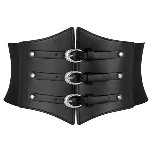 Wide Belt for Women Leather Elastic Waist Belt with Adjustable Silver Buckle Halloween Corset Cincher for Dress Wide Black Chunky Belts Vintage Gothic Renaissance Pirate Waist Corset Belt Brown M