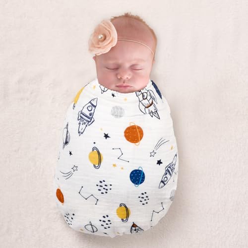 Image of david's kids 4 Pack Baby Muslin Swaddle Blankets, 100% Cotton and Ultra Soft Breathable Receiving Blanket Wrap for Boys Girls, New Born Essentials, Large 47 x 47 inches, Space /Stars /Wave
