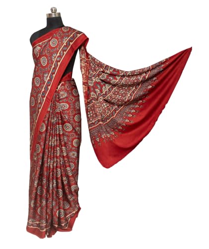 Image of Ethnics of Kutch Womenss Ajrakh Modal Silk Natural Dye Hand Block Print Saree with Blouse Piece - 5.5 Mtr Length