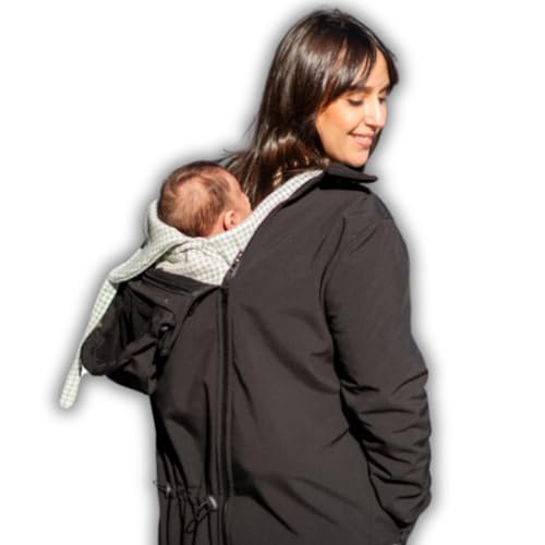 Abrigo Porteo Softshell Amarsupiel Unisex 3 en 1: Impermeable, Cortavientos y Certificado Oekotex | Abrigo premama | Porteo Delantero y Trasero (Talla M - Negro)