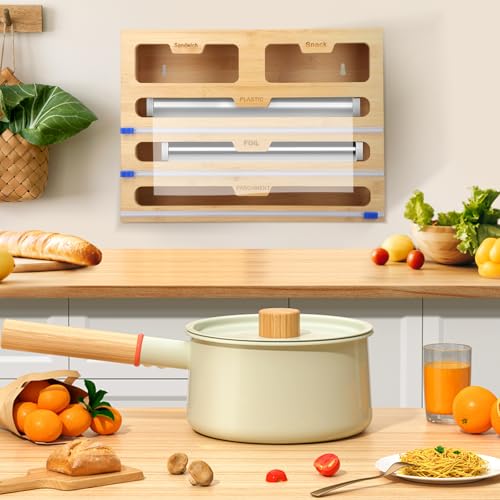 Bamboo 40 cm rotolo da cucina pellicola trasparente e organizer in alluminio – dispenser 5 in 1 taglierina per cassetto