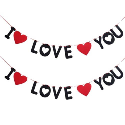 EUPSIIU 2 Piezas Banner de I LOVE YOU, San Valentín decoración Corazón Guirnaldas, Decoración de San Banderines Guirnalda, para Cumpleaños de la Boda Aniversarios Compromiso Party Decorations (Negro)