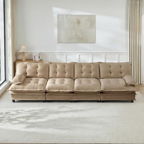 Image of 138 inch Sectional Couches for Living Room, Light Coffee 4 Seater Modern Chenille Deep Seat Sofa Set, Salas para Casa, High Back Cloud Couch Modular Sectional Sets