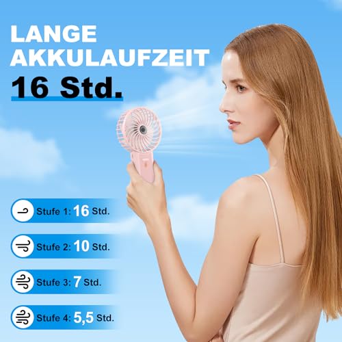 Lepwings Handventilator, Mini Ventilator USB Wiederaufladbar, 5,5-16 Std. Laufzeit, 4 Windgeschwindigkeiten, Faltbarer Leiser Kleinventilator für Reisen, Büro, Zuhause und Draußen - Rosa
