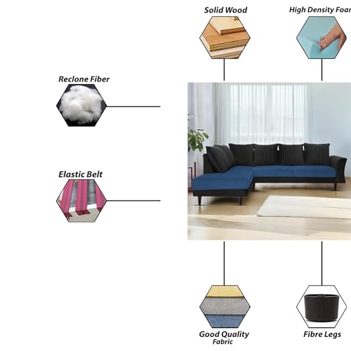 Image of Gratly LHS 4 Seater L Shape Sofa Set for Living Room (Blue Black Colour) Premium Fabric Sofa