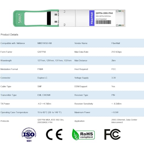 Image of 200G QSFP56 FR4 PAM4 CWDM4 Optical Transceiver Module,Compatible with Mellanox MMS1W50-HM,200G InfiniBand HDR 200GBASE-FR4 PAM4 CWDM4 2km LC SMF FEC Optical Transceiver Module