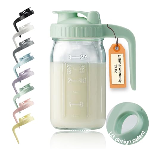 Image of 32oz Glass Pitcher with Lid & V-shaped Pour Spout - 1 Quart Breastmilk Pitcher Double Leak Proof, Creamer Container for Sun Tea, Juice, Cold Brew Coffee, Breastmilk Storage Container