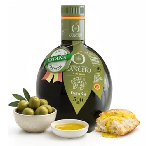 Aceite de oliva virgen extra arbequina 500 ml botella de vidrio | aove gourmet aromático extraído en frío | aceite premium español para consumo y regalo | sancho la mancha, dop campo de montiel.