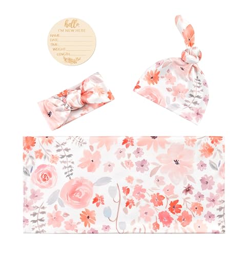 Image of Newborn Baby Girl Receiving Blanket Swaddle Blanket Stretchy Knit Swaddle Set with Matching Headband and Beanie (Orange)