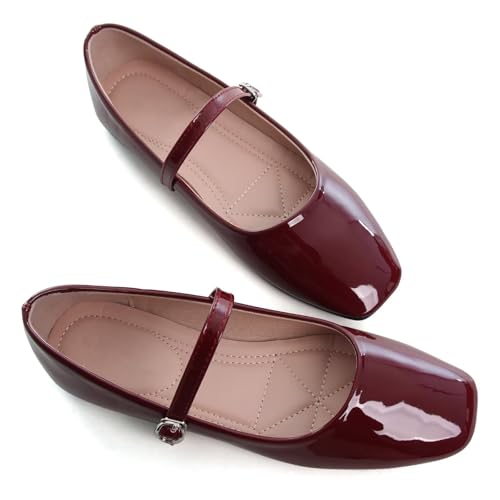TN TANGNEST Women's Ballet Flats Fashion Mary Jane Flats Shoes for Women Cute Square Toe Slip on Dress Flats Wine red 41(8.5) 2