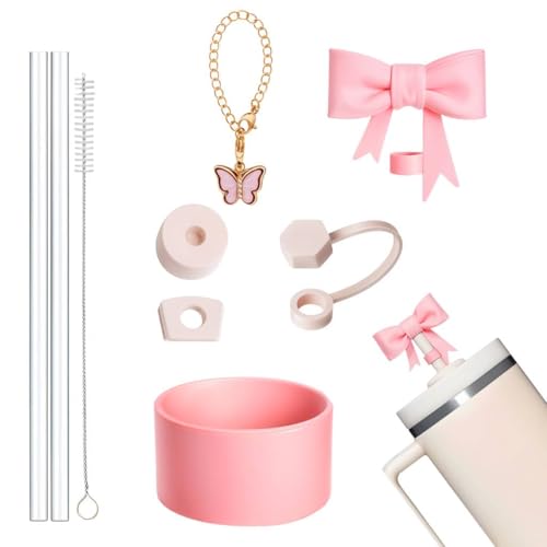 Image of HASTHIP for Stanley Cup Accessories of 9Pcs Charms Cute Bow Straw Cap, Straws, Cleaning Brush, Butterfly Handle Charm, Bottom Sleeve, Stanley Cup Decor Kit (Cup NOT Included)