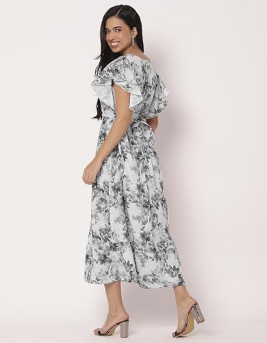 Image of Moomaya Women's Printed Dress, V-Neck, Short Sleeves, Ruffled Midi Summer Dress