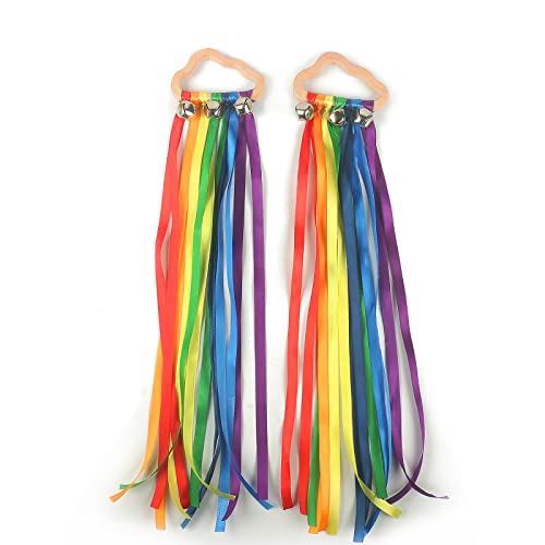 MEROCO Dancing Ribbon Hand Kite Rainbow Hand Kite for Playroom Dancing Toddler Rainbow Streamers Sensory Ribbon with Wood Rings (2pcs)