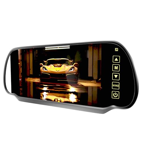 SLARY 7 Inch TFT LCD Car Rearview Mirror Monitor, Widescreen Dash Cam Rear View Backup Camera Mirror with Touch Button, 2 Video Input, Vehicle Parking in-Mirror Monitor for Cars Trucks