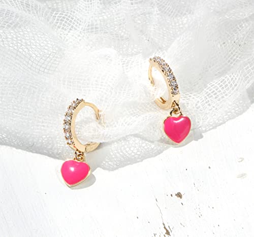 14K Gold Plated Cubic Zirconia Huggie Hoop Earrings Enamel Hot Pink Mini Heart Dangle Drop Huggies Earrings For Women Girls Valentines Day Gift #TOP4