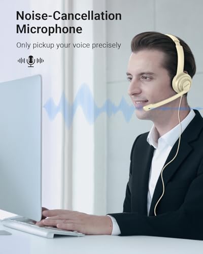 Image of NUBWO HW02 USB Headset with Microphone Noise Cancelling &in-line Control, Ultra Comfort Computer Headphones for Laptop pc, On-Ear Wired Office Call Center Headsets for Boom Skype Webinars (Apricot)